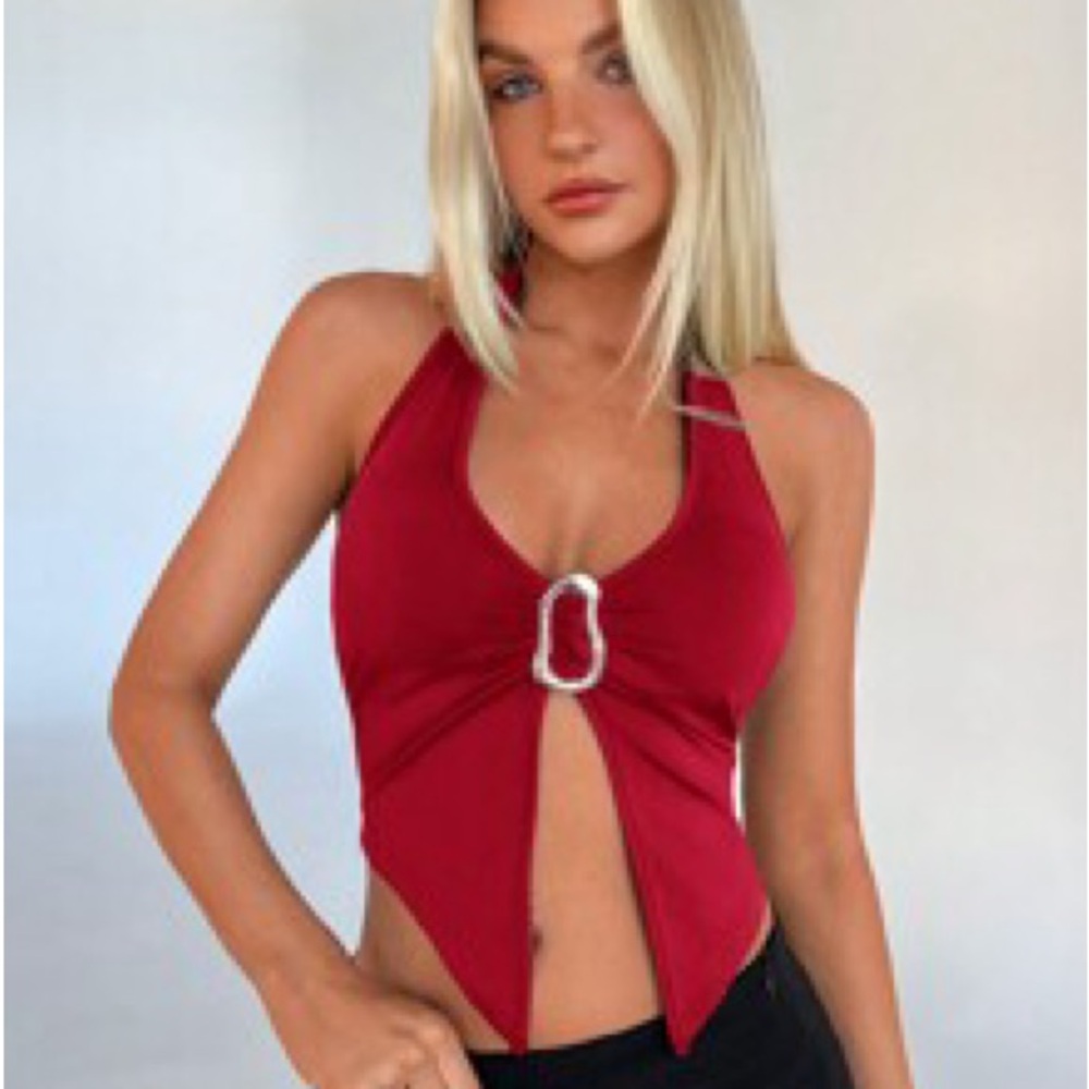 SHEIN Open Back Ring Decor Halter Top
